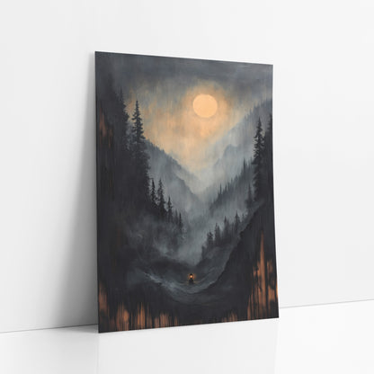 Lone Lantern Valley Floor Moon art print leaning against a white wall – misty mountain valley with dark evergreens, a pale