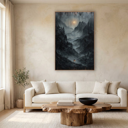 Wood Plank Mist Lantern Peaks wall art in a calm Japandi-style room – misty valley between rocky peaks with dark