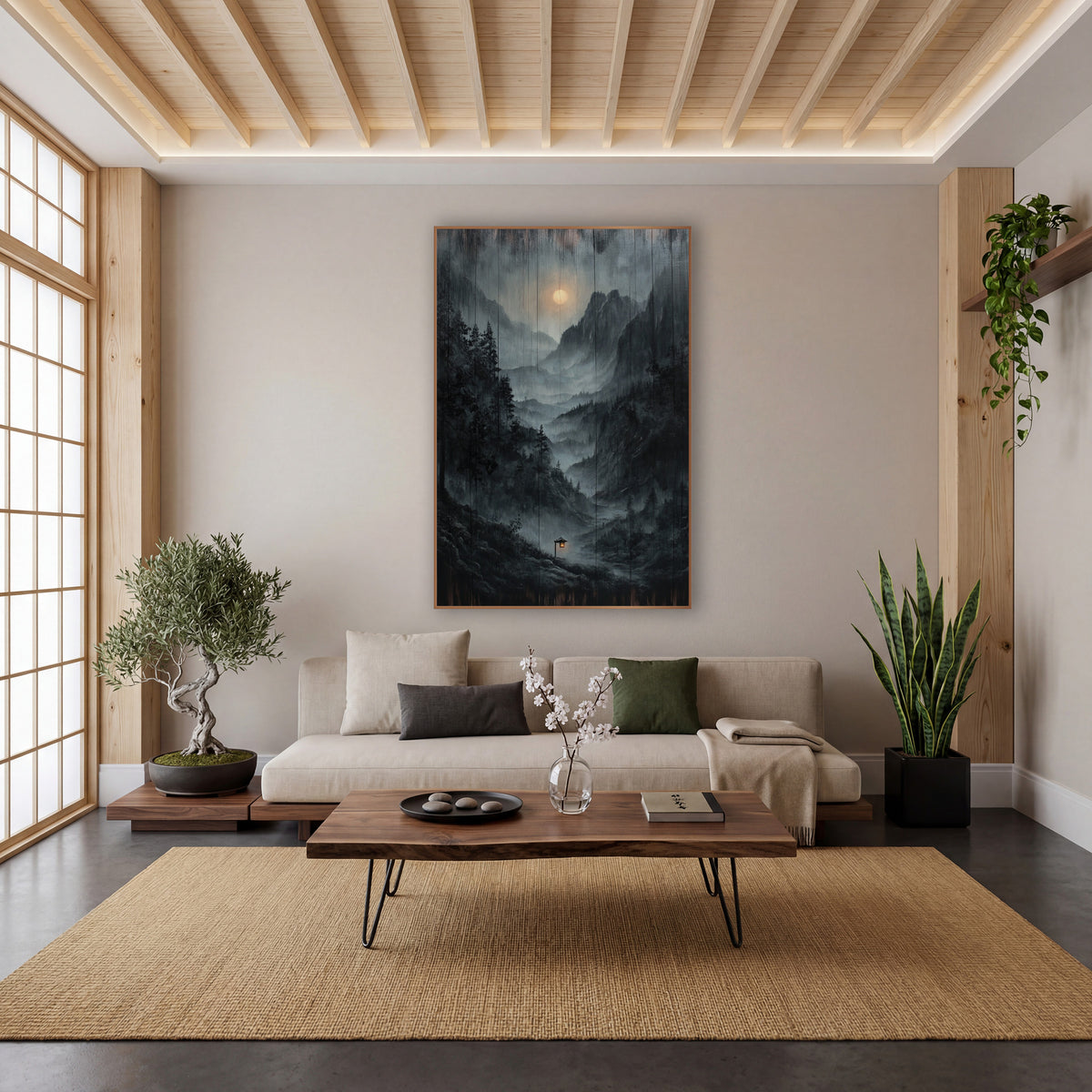 Wood Plank Mist Lantern Peaks wall art in a calm Japandi-style room – misty valley between rocky peaks with dark