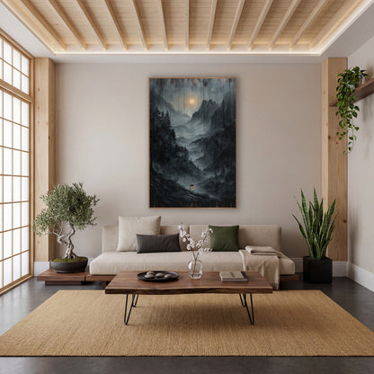 Wood Plank Mist Lantern Peaks wall art in a calm Japandi-style room – misty valley between rocky peaks with dark