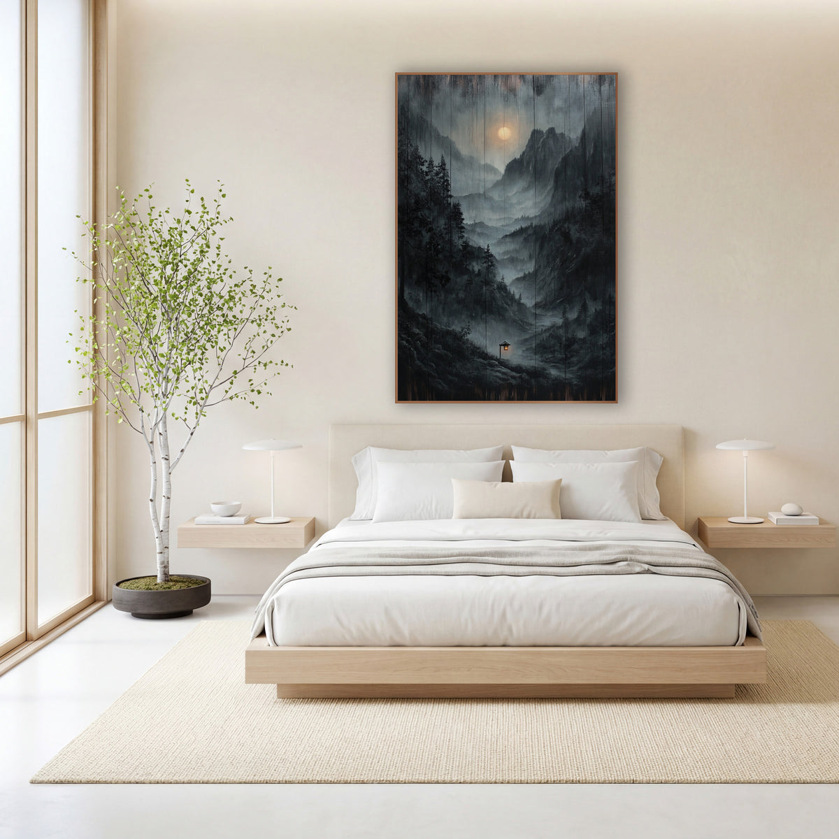 Wood Plank Mist Lantern Peaks wall art in a calm Japandi-style room – misty valley between rocky peaks with dark