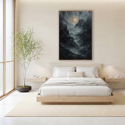 Wood Plank Mist Lantern Peaks wall art in a calm Japandi-style room – misty valley between rocky peaks with dark