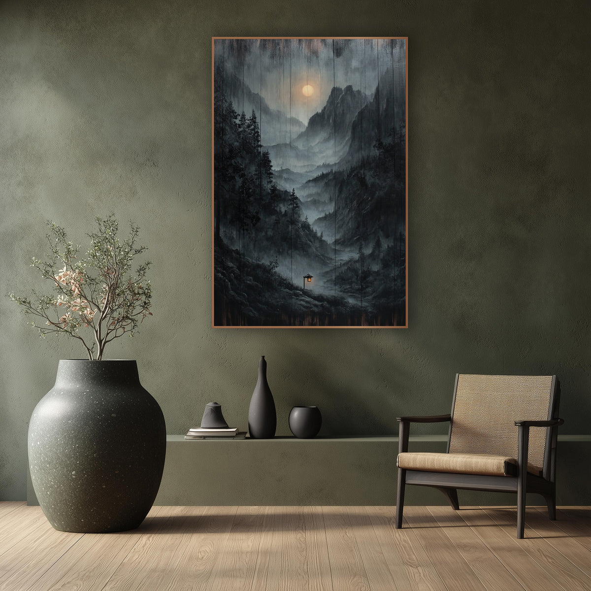 Wood Plank Mist Lantern Peaks wall art in a calm Japandi-style room – misty valley between rocky peaks with dark