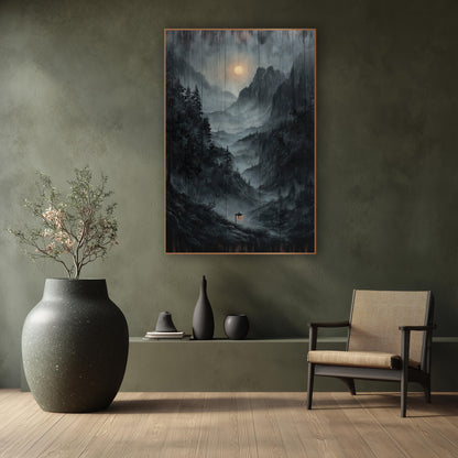 Wood Plank Mist Lantern Peaks wall art in a calm Japandi-style room – misty valley between rocky peaks with dark