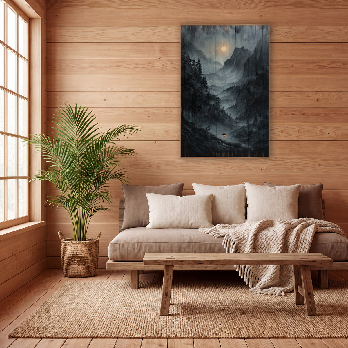 Wood Plank Mist Lantern Peaks wall art in a calm Japandi-style room – misty valley between rocky peaks with dark