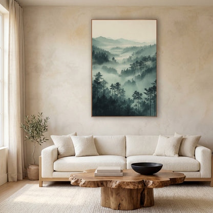 Layered Sage Forest Ridges Japandi wall art in a calm Japandi-style room – misty valley of slim evergreens and layered