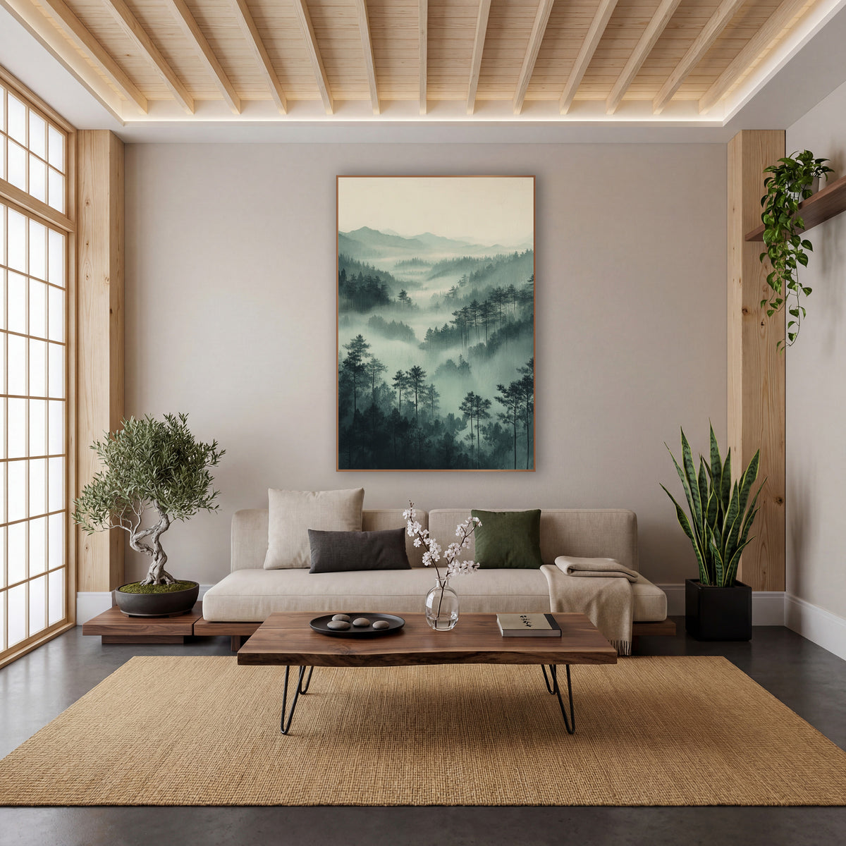 Layered Sage Forest Ridges Japandi wall art in a calm Japandi-style room – misty valley of slim evergreens and layered