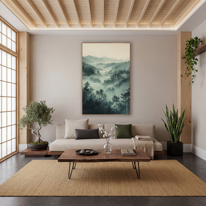 Layered Sage Forest Ridges Japandi wall art in a calm Japandi-style room – misty valley of slim evergreens and layered