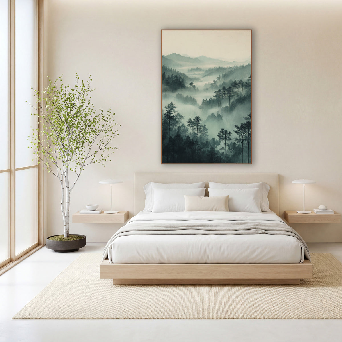 Layered Sage Forest Ridges Japandi wall art in a calm Japandi-style room – misty valley of slim evergreens and layered