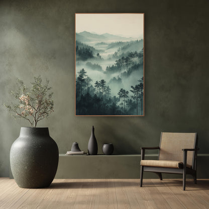 Layered Sage Forest Ridges Japandi wall art in a calm Japandi-style room – misty valley of slim evergreens and layered