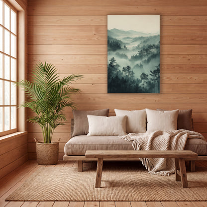 Layered Sage Forest Ridges Japandi wall art in a calm Japandi-style room – misty valley of slim evergreens and layered