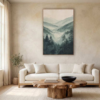 Towering Pines Overlook Fog Watercolor wall art in a calm Japandi-style room – misty valley of tall evergreens