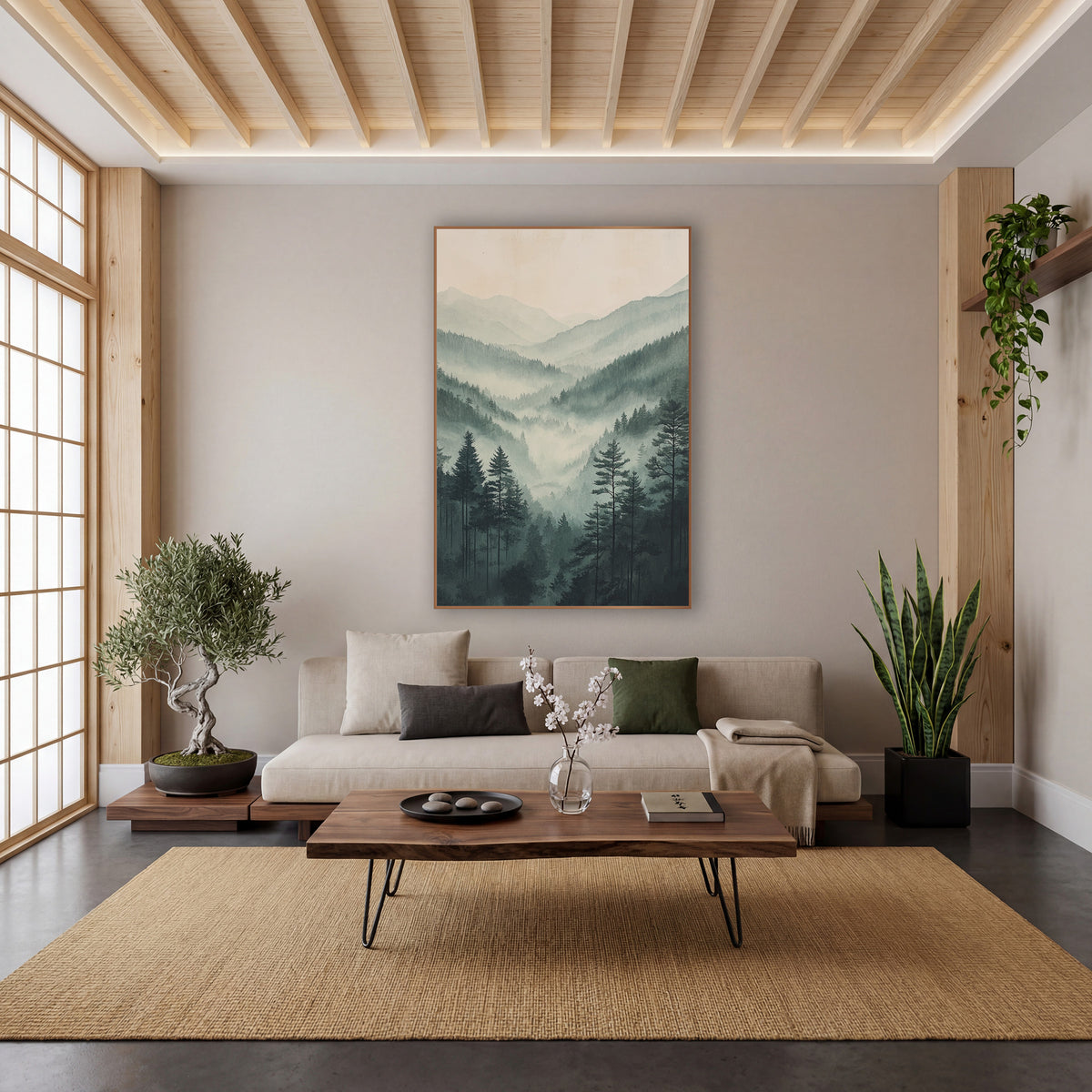 Towering Pines Overlook Fog Watercolor wall art in a calm Japandi-style room – misty valley of tall evergreens