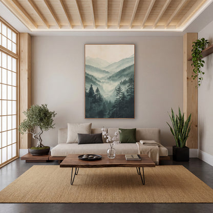 Towering Pines Overlook Fog Watercolor wall art in a calm Japandi-style room – misty valley of tall evergreens