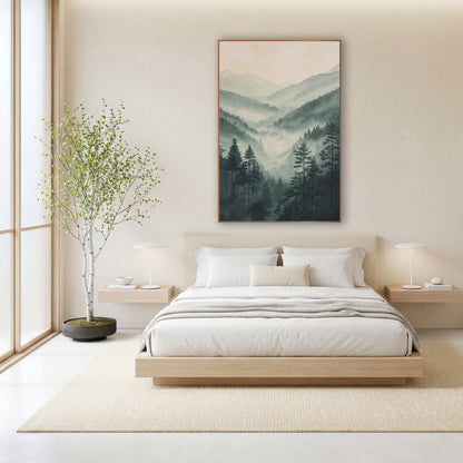 Towering Pines Overlook Fog Watercolor wall art in a calm Japandi-style room – misty valley of tall evergreens