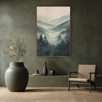 Towering Pines Overlook Fog Watercolor wall art in a calm Japandi-style room – misty valley of tall evergreens