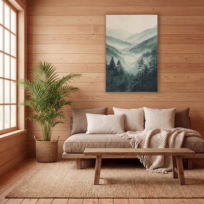 Towering Pines Overlook Fog Watercolor wall art in a calm Japandi-style room – misty valley of tall evergreens