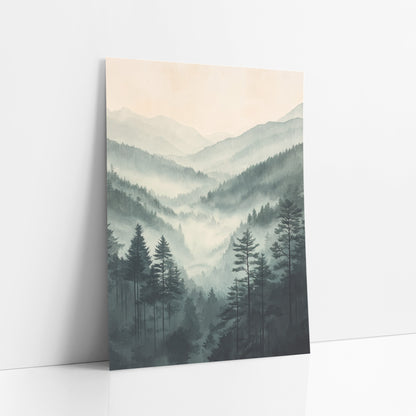 Towering Pines Overlook Fog Watercolor art print leaning against a white wall – misty valley of tall evergreens and layered