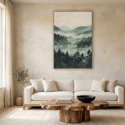 Misty Pine Meadow Japandi wall art in a calm Japandi-style room – misty valley with dark evergreens, layered wooded