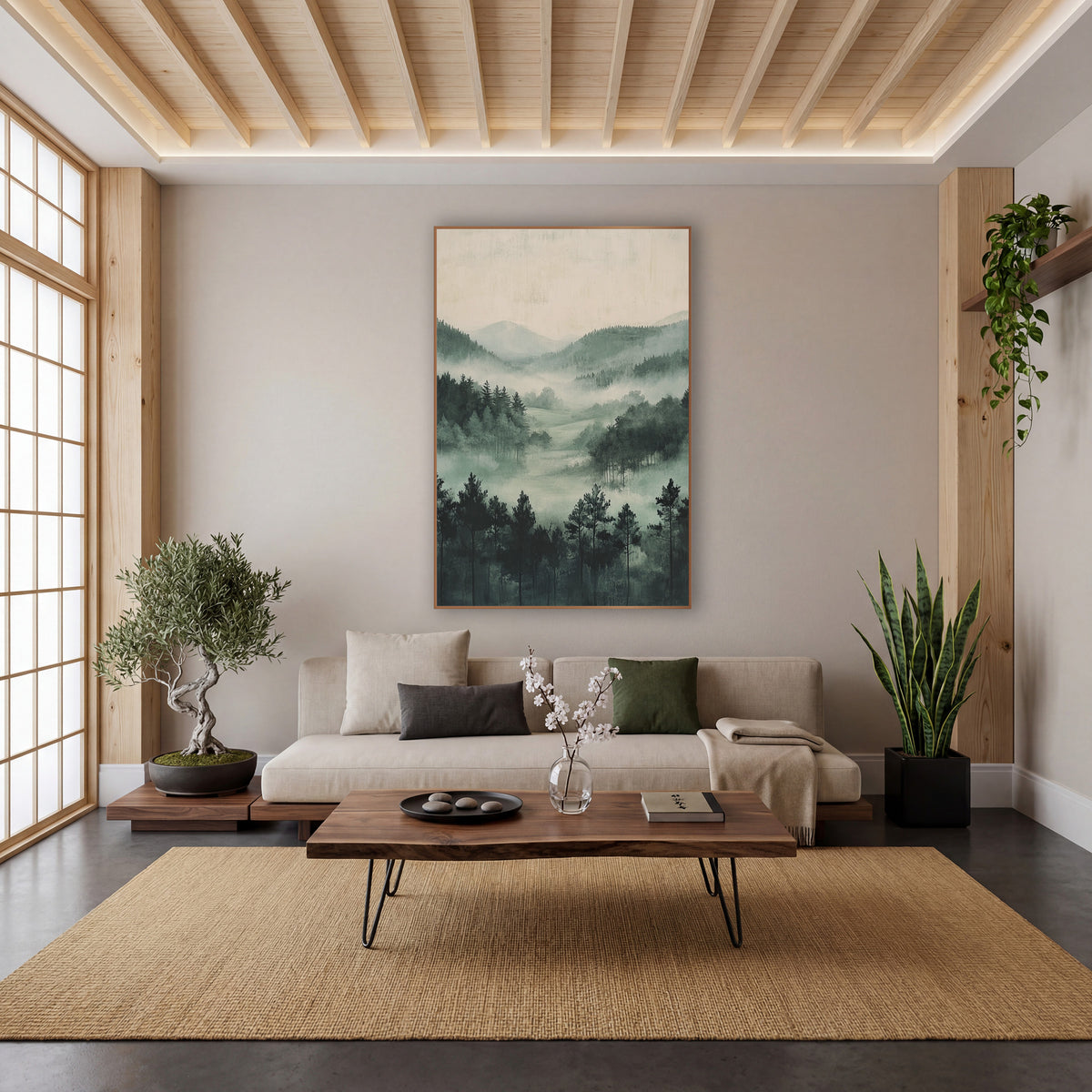 Misty Pine Meadow Japandi wall art in a calm Japandi-style room – misty valley with dark evergreens, layered wooded
