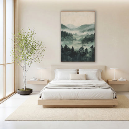 Misty Pine Meadow Japandi wall art in a calm Japandi-style room – misty valley with dark evergreens, layered wooded