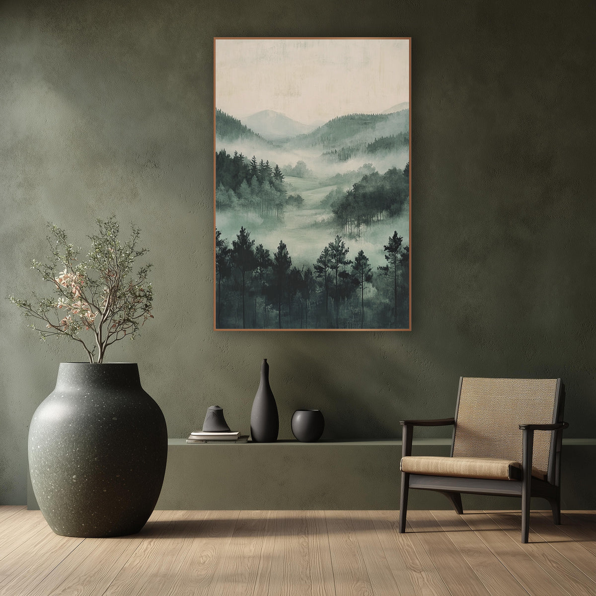 Misty Pine Meadow Japandi wall art in a calm Japandi-style room – misty valley with dark evergreens, layered wooded