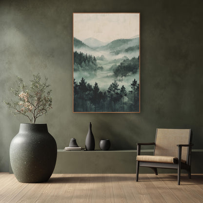 Misty Pine Meadow Japandi wall art in a calm Japandi-style room – misty valley with dark evergreens, layered wooded