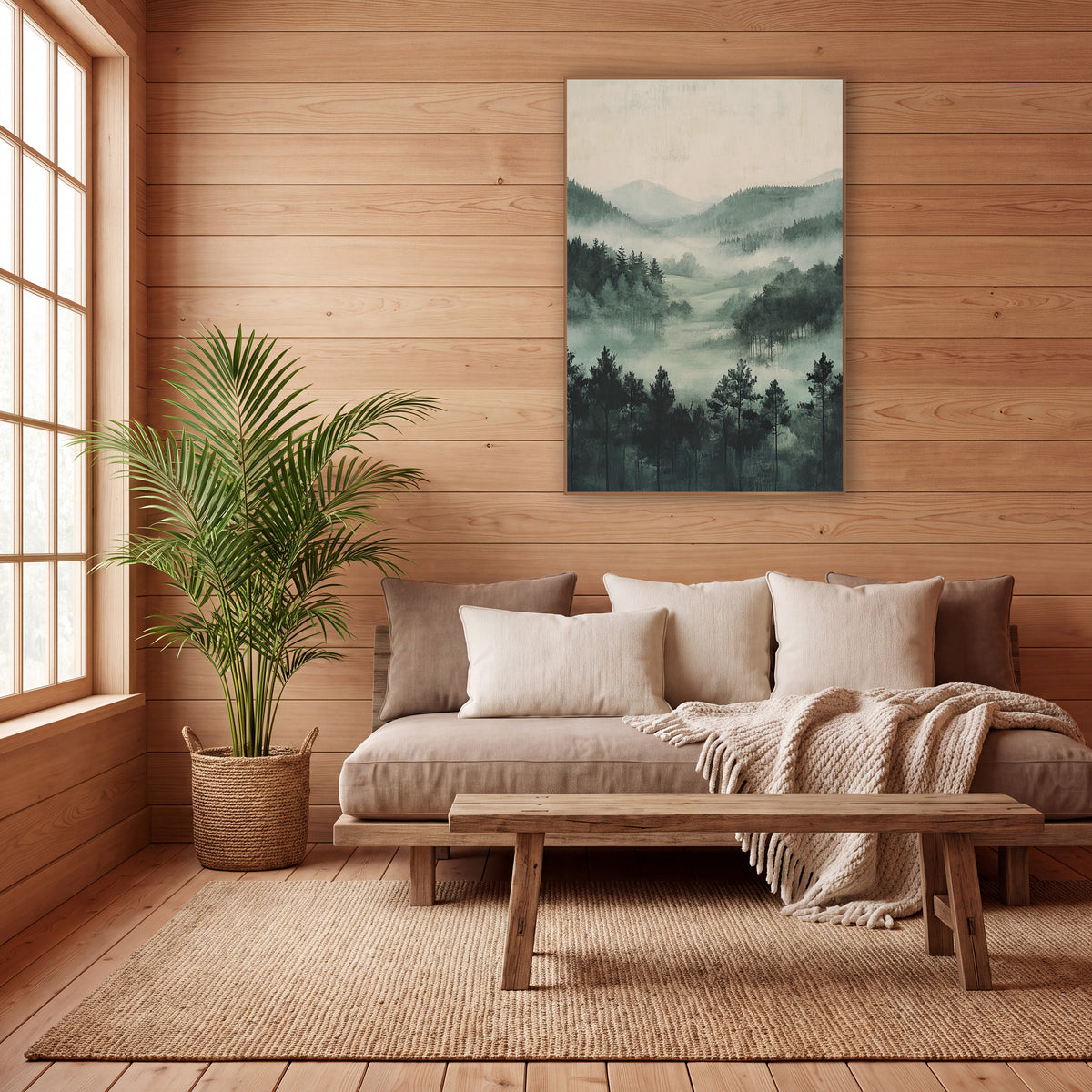 Misty Pine Meadow Japandi wall art in a calm Japandi-style room – misty valley with dark evergreens, layered wooded
