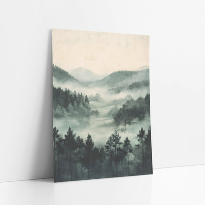 Misty Pine Meadow Japandi art print leaning against a white wall – misty valley with dark evergreens, layered wooded hills