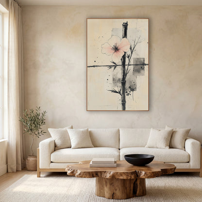 Upright Bamboo Blush Blossom Collage wall art in a calm Japandi-style room – pale pink blossom crossed by black bamboo