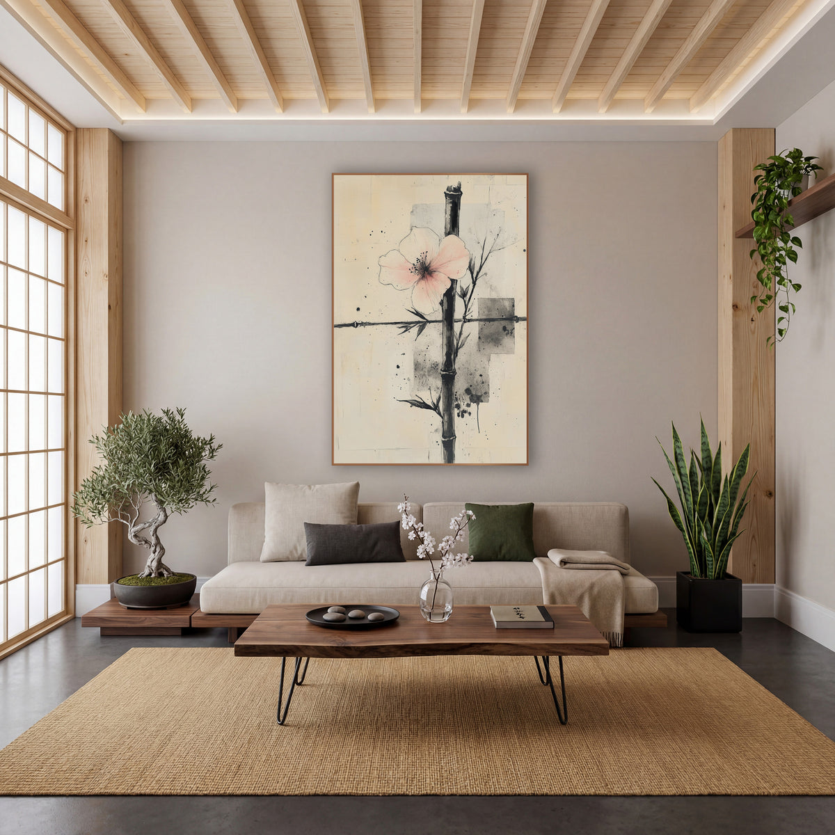 Upright Bamboo Blush Blossom Collage wall art in a calm Japandi-style room – pale pink blossom crossed by black bamboo