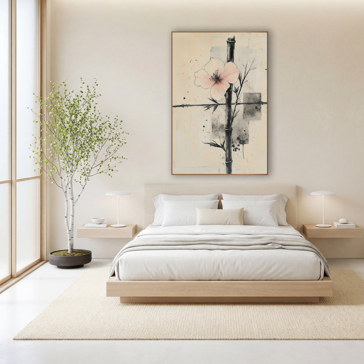Upright Bamboo Blush Blossom Collage wall art in a calm Japandi-style room – pale pink blossom crossed by black bamboo