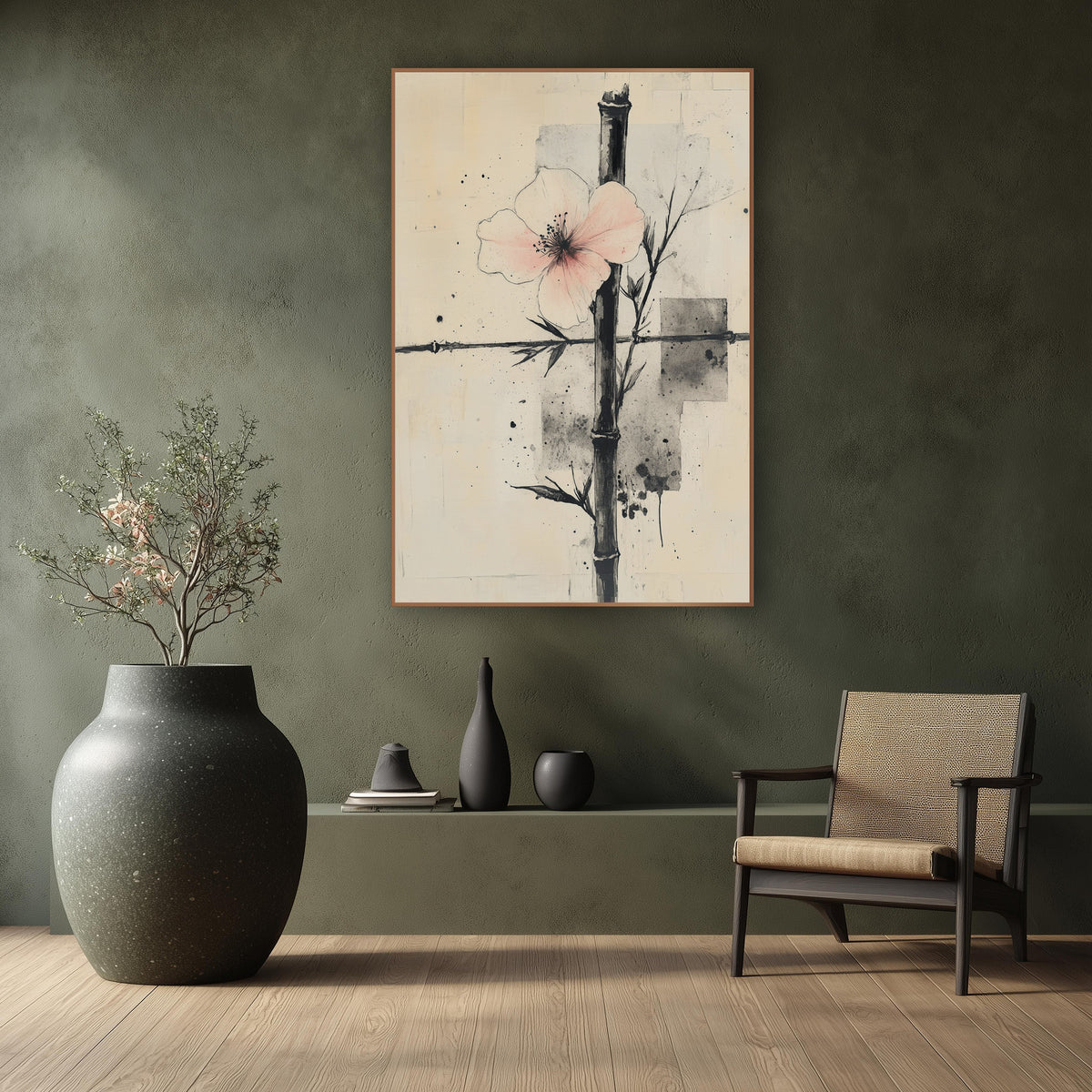 Upright Bamboo Blush Blossom Collage wall art in a calm Japandi-style room – pale pink blossom crossed by black bamboo