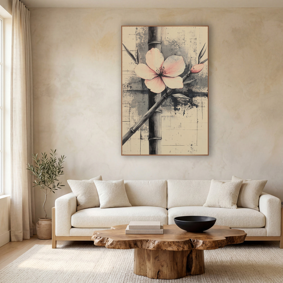 Blush Blossom Bamboo Ink Study wall art in a calm Japandi-style room – pale pink blossom and bud across dark bamboo