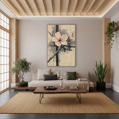 Blush Blossom Bamboo Ink Study wall art in a calm Japandi-style room – pale pink blossom and bud across dark bamboo