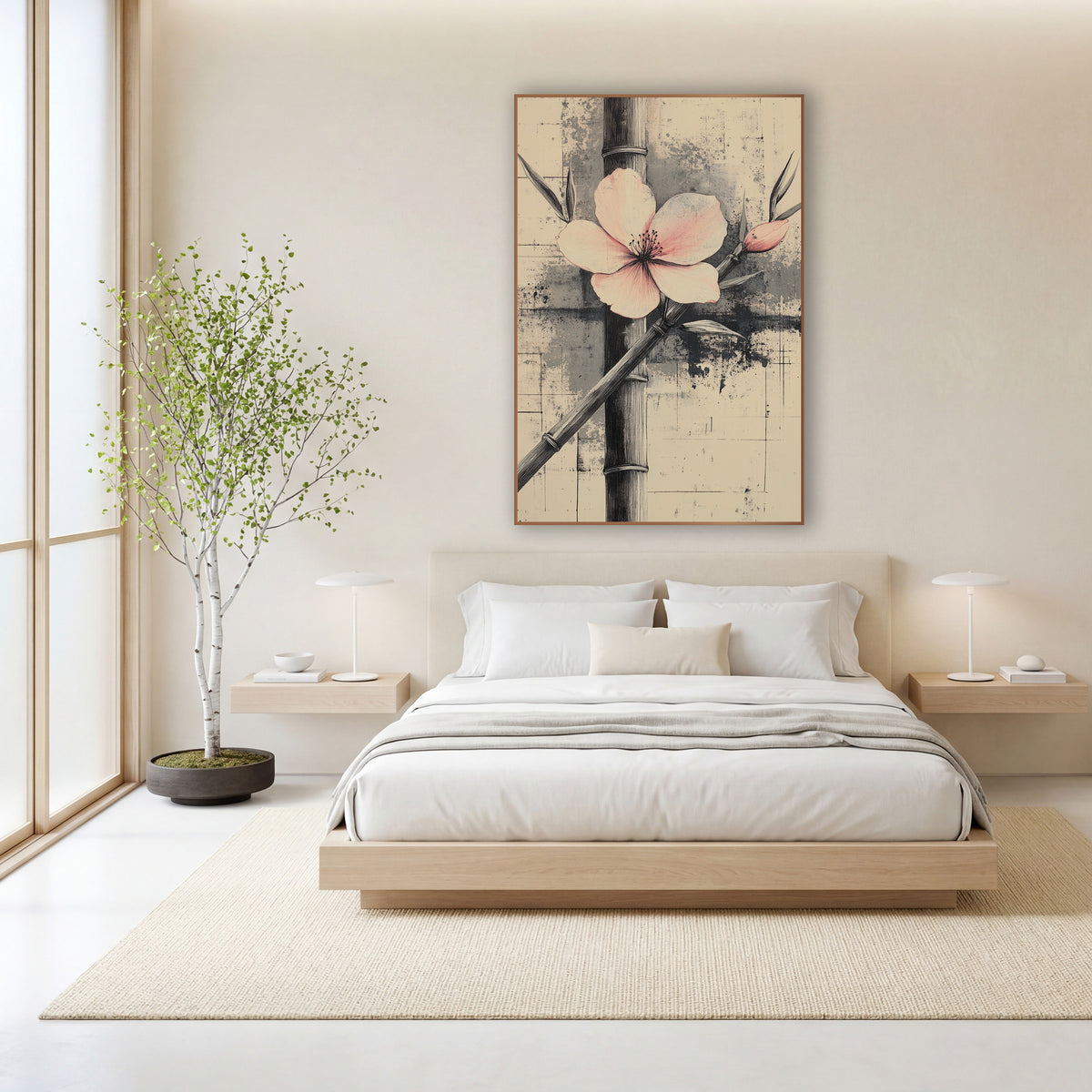 Blush Blossom Bamboo Ink Study wall art in a calm Japandi-style room – pale pink blossom and bud across dark bamboo