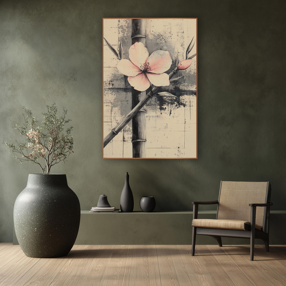 Blush Blossom Bamboo Ink Study wall art in a calm Japandi-style room – pale pink blossom and bud across dark bamboo