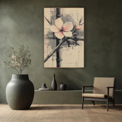Blush Blossom Bamboo Ink Study wall art in a calm Japandi-style room – pale pink blossom and bud across dark bamboo