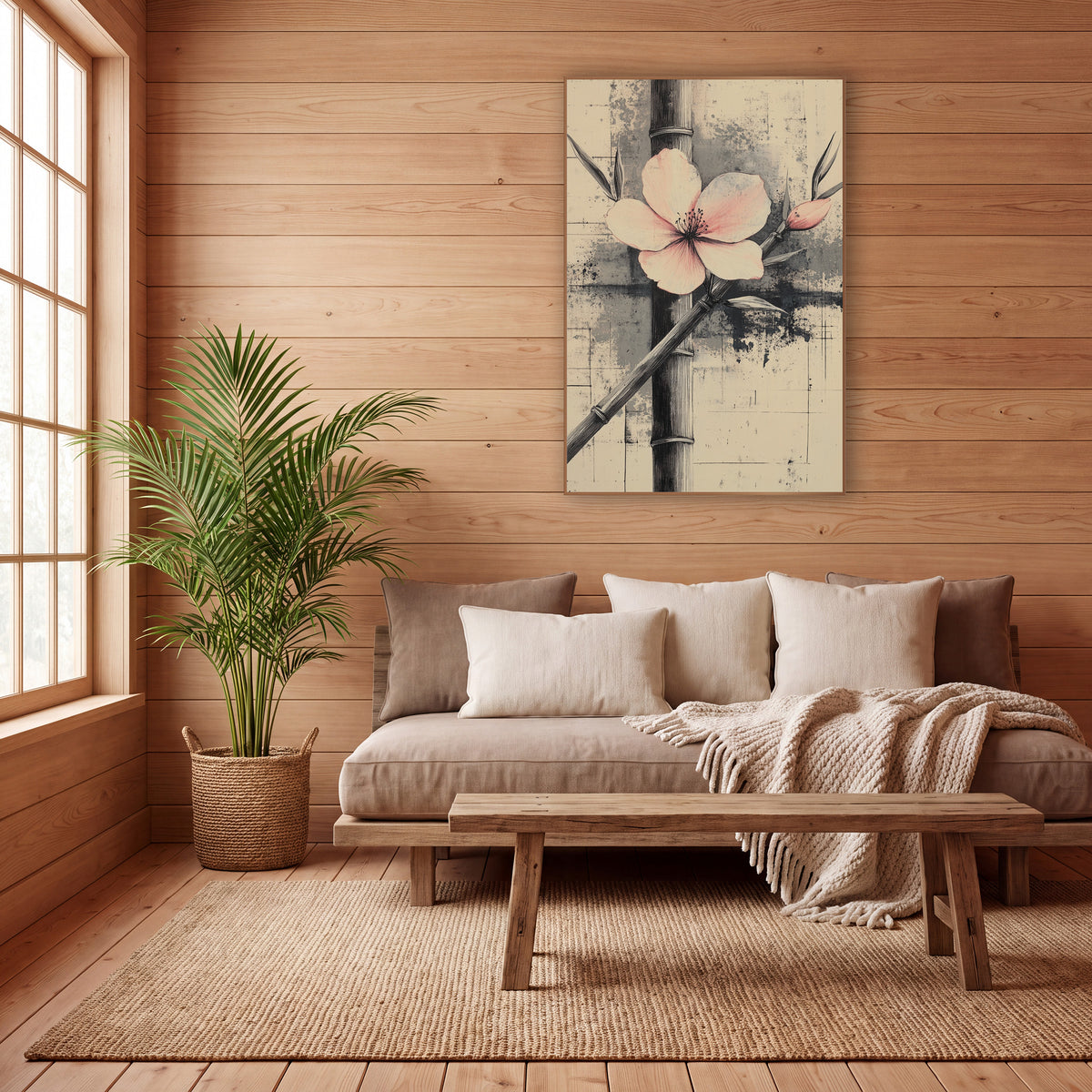 Blush Blossom Bamboo Ink Study wall art in a calm Japandi-style room – pale pink blossom and bud across dark bamboo
