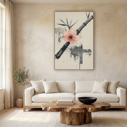 Diagonal Bamboo Coral Blossom Brushwork wall art in a calm Japandi-style room – black bamboo stalk crossed by a pale