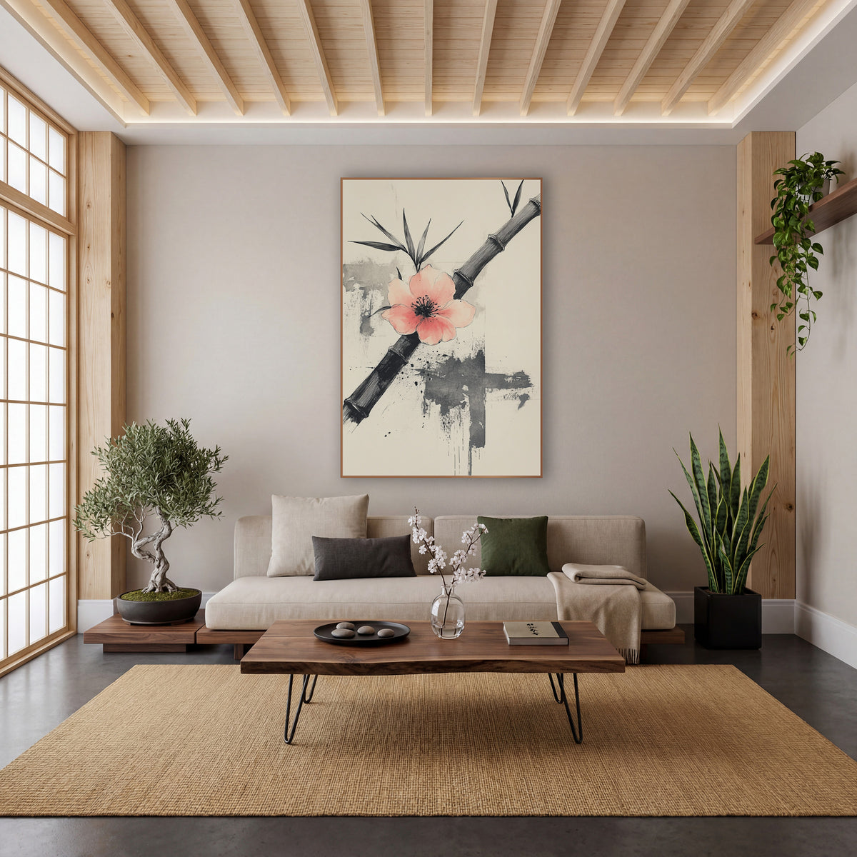 Diagonal Bamboo Coral Blossom Brushwork wall art in a calm Japandi-style room – black bamboo stalk crossed by a pale