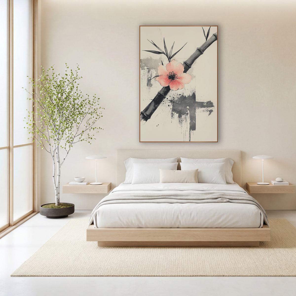 Diagonal Bamboo Coral Blossom Brushwork wall art in a calm Japandi-style room – black bamboo stalk crossed by a pale