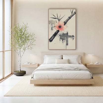 Diagonal Bamboo Coral Blossom Brushwork wall art in a calm Japandi-style room – black bamboo stalk crossed by a pale