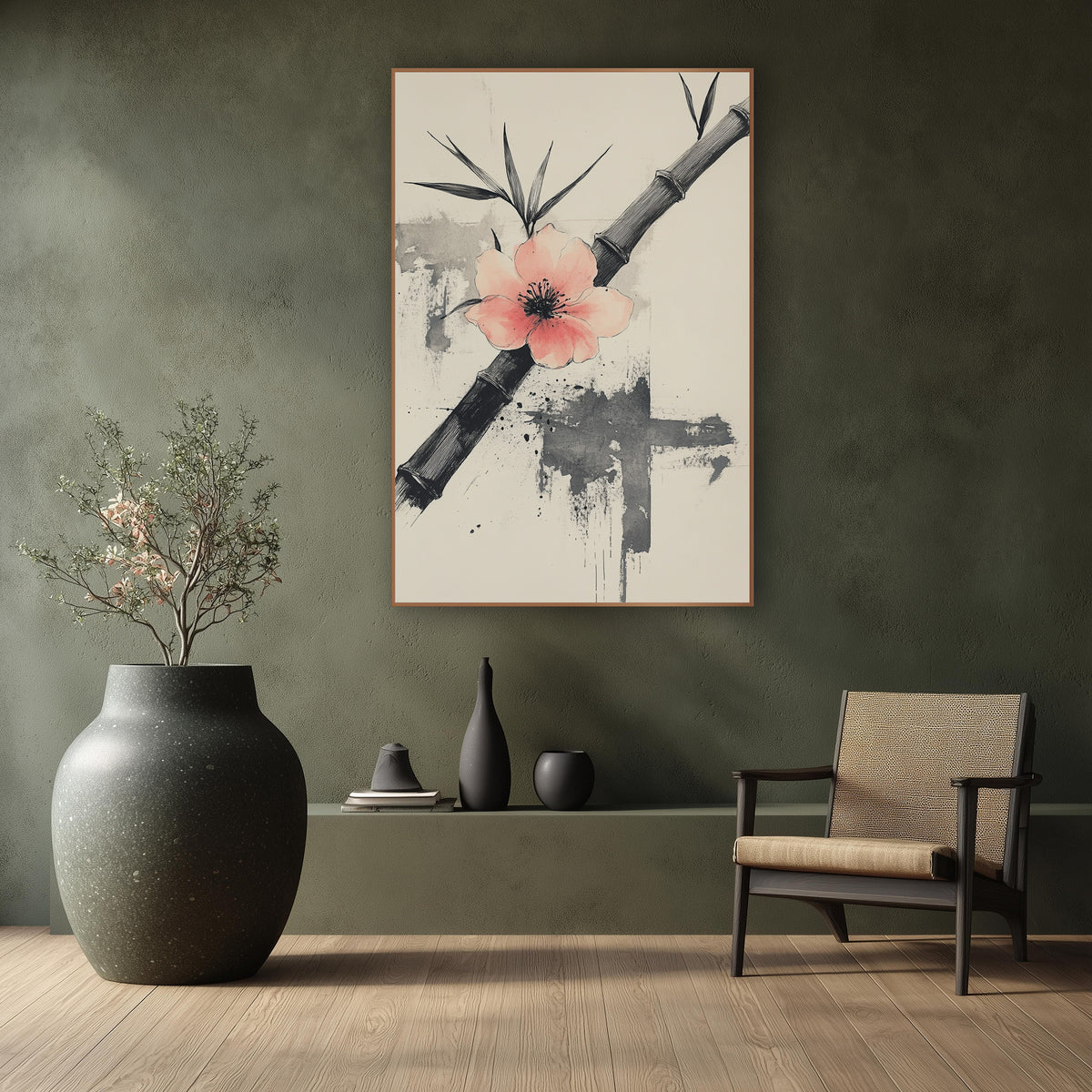 Diagonal Bamboo Coral Blossom Brushwork wall art in a calm Japandi-style room – black bamboo stalk crossed by a pale