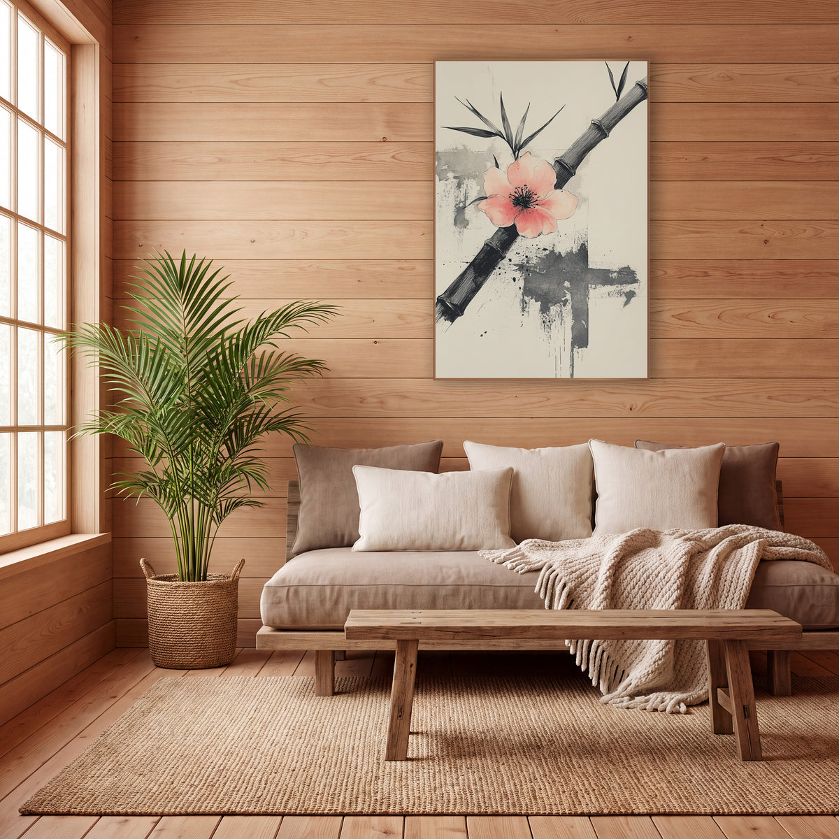 Diagonal Bamboo Coral Blossom Brushwork wall art in a calm Japandi-style room – black bamboo stalk crossed by a pale