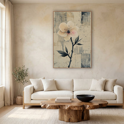 Ivory Single Bloom Dark Stem wall art in a calm Japandi-style room – pale blush blossom on a dark slender stem