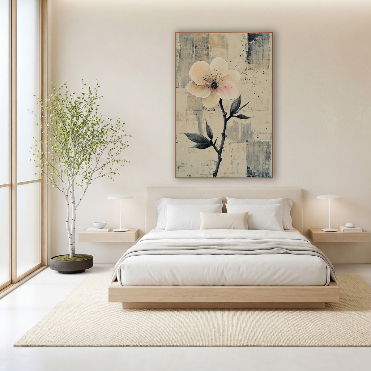 Ivory Single Bloom Dark Stem wall art in a calm Japandi-style room – pale blush blossom on a dark slender stem