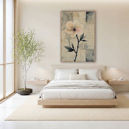 Ivory Single Bloom Dark Stem wall art in a calm Japandi-style room – pale blush blossom on a dark slender stem