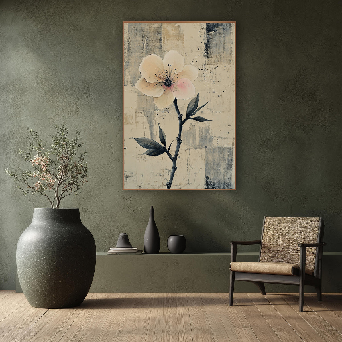 Ivory Single Bloom Dark Stem wall art in a calm Japandi-style room – pale blush blossom on a dark slender stem