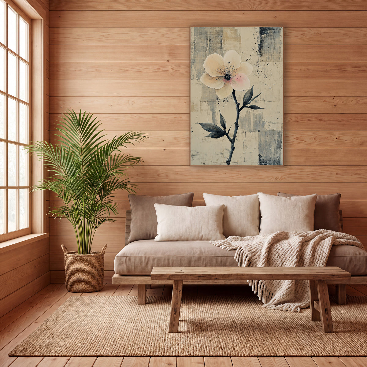 Ivory Single Bloom Dark Stem wall art in a calm Japandi-style room – pale blush blossom on a dark slender stem
